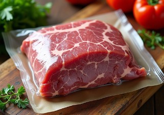 Vacuum-sealed piece of raw meat with beautiful marbling, displayed on a wooden board, garnished with fresh parsley and tomatoes in the background